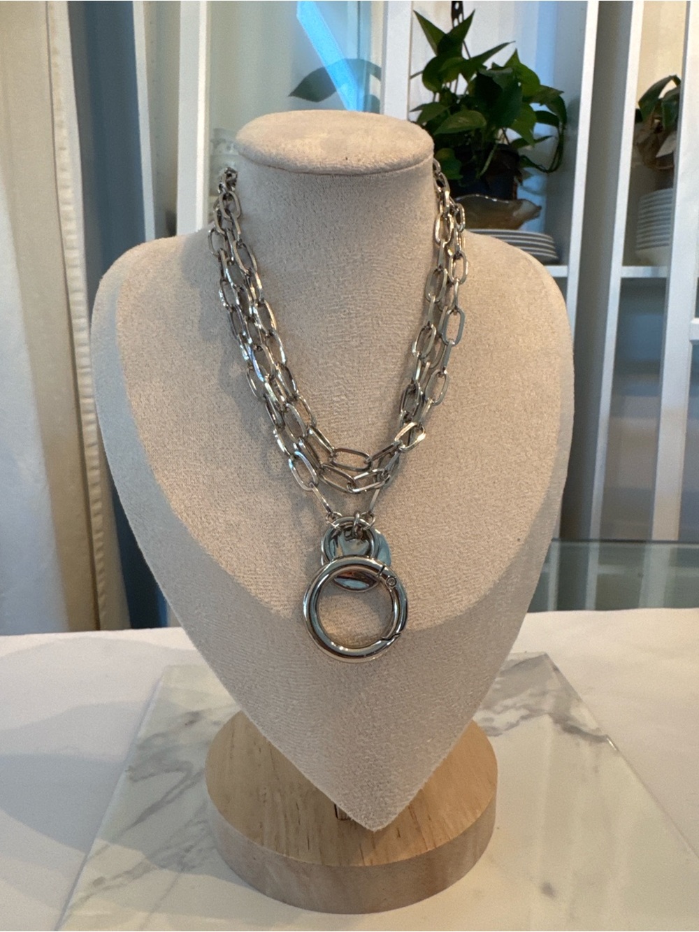 Source Unknown Silver Double-Link Chain Necklace with Ring Pendant